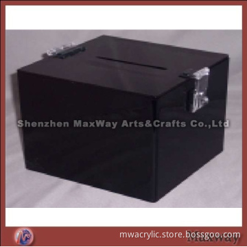 Large Stable Black Cubical Acrylic/Perspex Suggestion/Donation Box with Lock